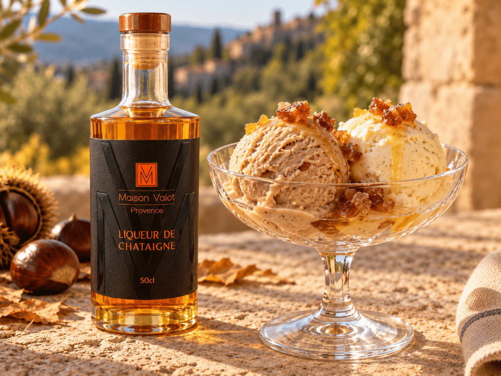 Coupe glacée châtaigne et vanille avec la liqueur de châtaigne Maison Valot