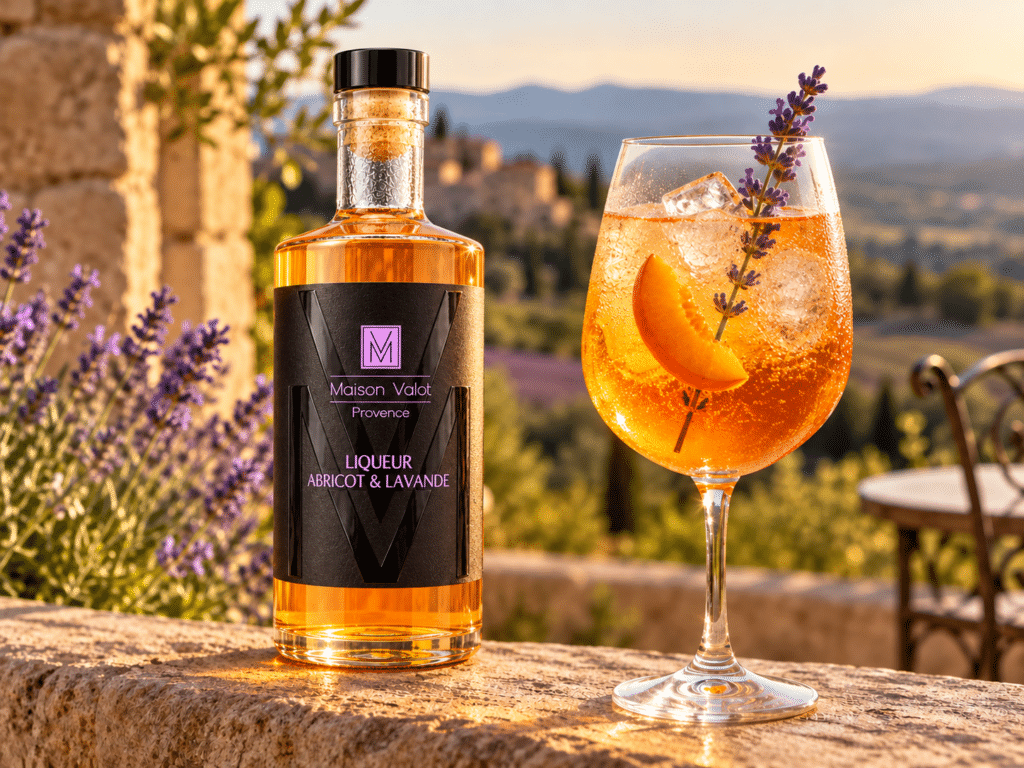 Spritz Abricot Lavande et bouteille de liqueur Maison Valot sur une terrasse provençale